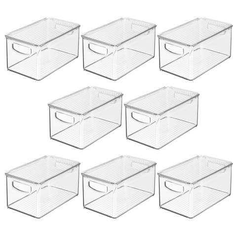 Deep Plastic Bathroom Storage Box, Lid/Built-In Handles, 8 Pack, Clear