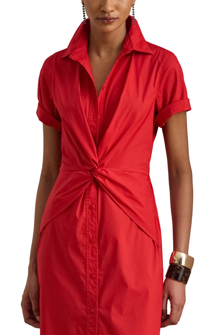 Twist Front Cotton Blend Shirtdress, Alternate, color, RED
