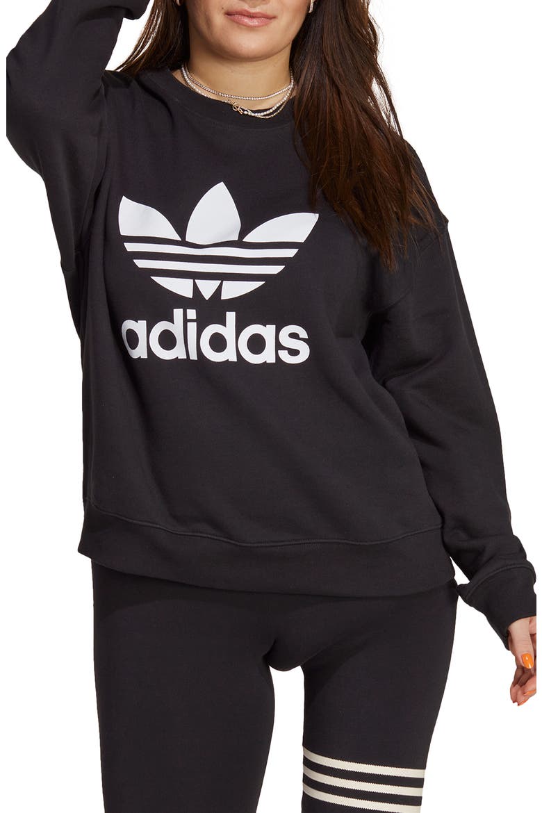 Trefoil Logo Crewneck Cotton Sweatshirt, Main, color, BLACK
