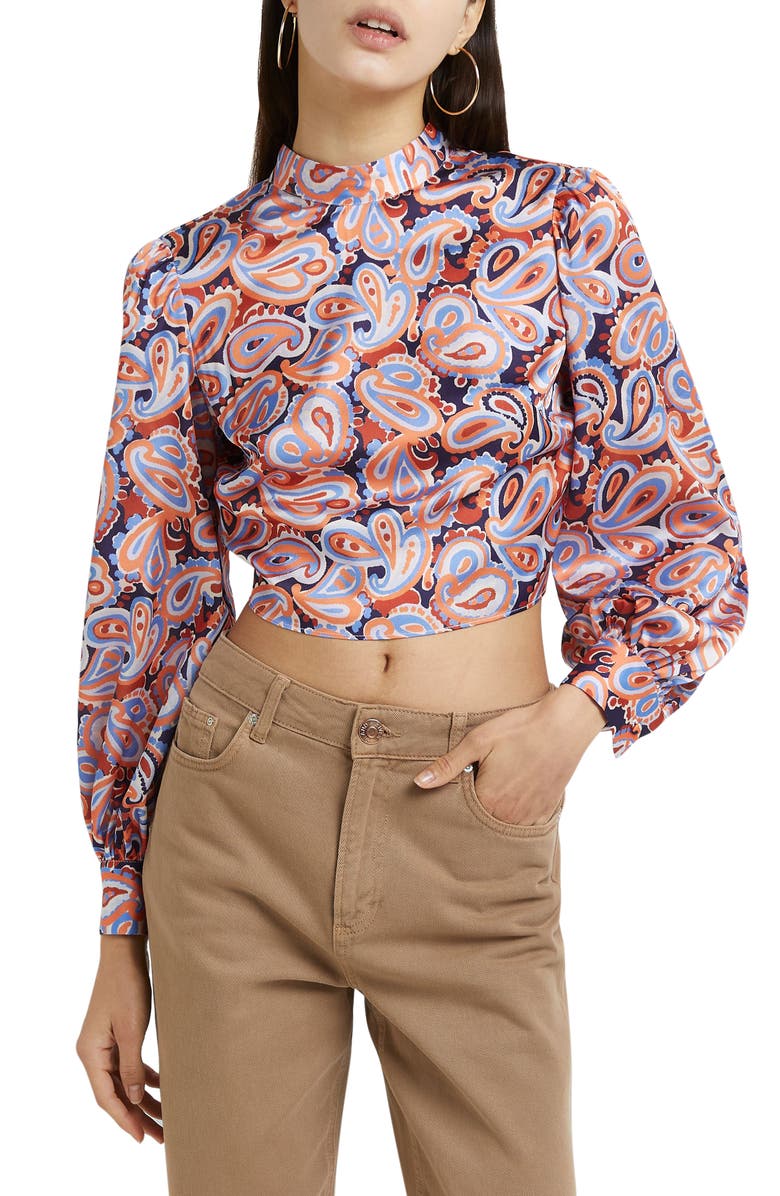 River Island Tie Back Long Sleeve Crop Top, Main, color, 