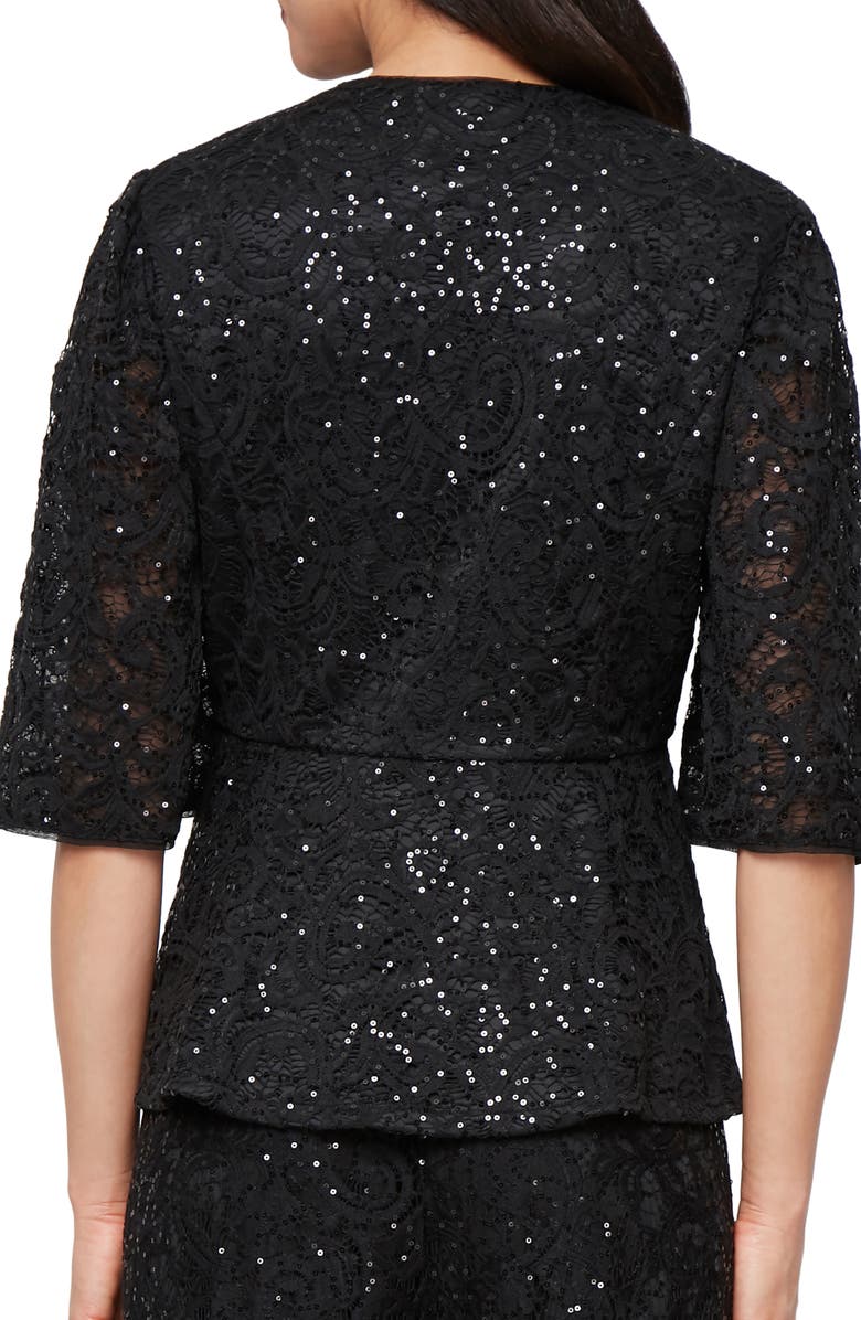 Alex Evenings Sequin Stretch Lace Wrap Top, Alternate, color, Black