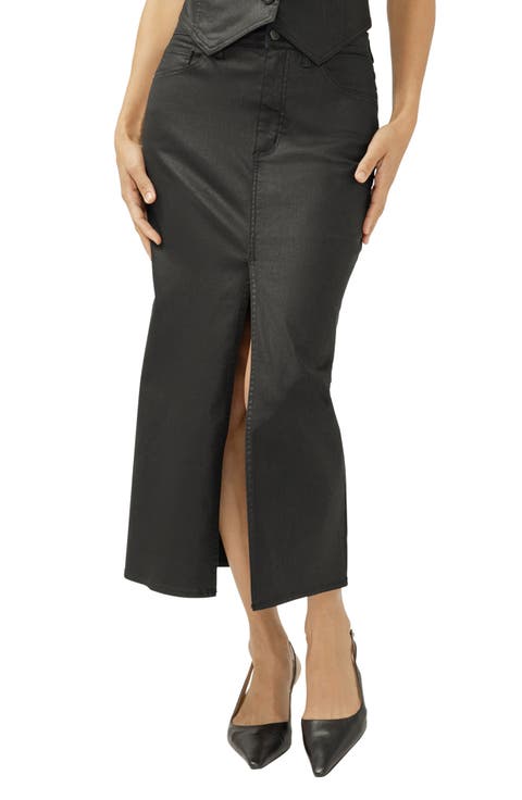 Front Slit Denim Midi Skirt