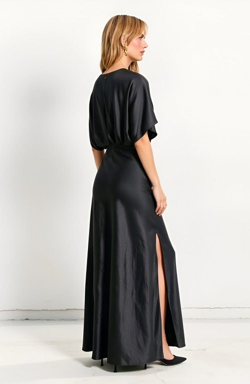Modenaire V-neck Maxi Dress With Gathered Empire Waist And Flutter Sleeves In Black