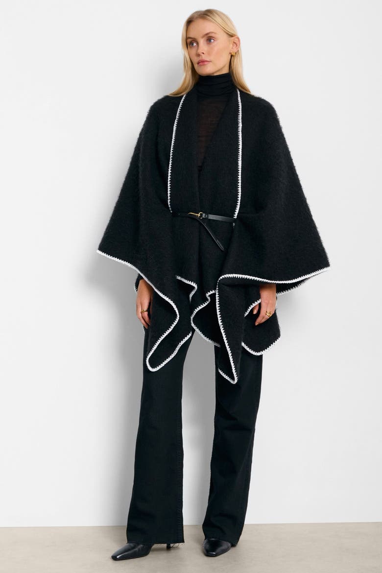 Whipstitch Blanket Cape with Belt, Alternate, color, Black