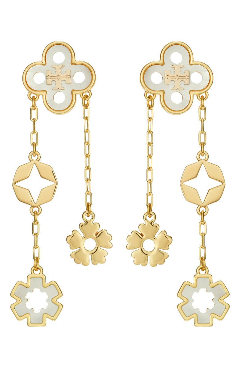 Tory Burch forget me not drop earrings, Main, color, Tory Gold / Mother Of Pearl