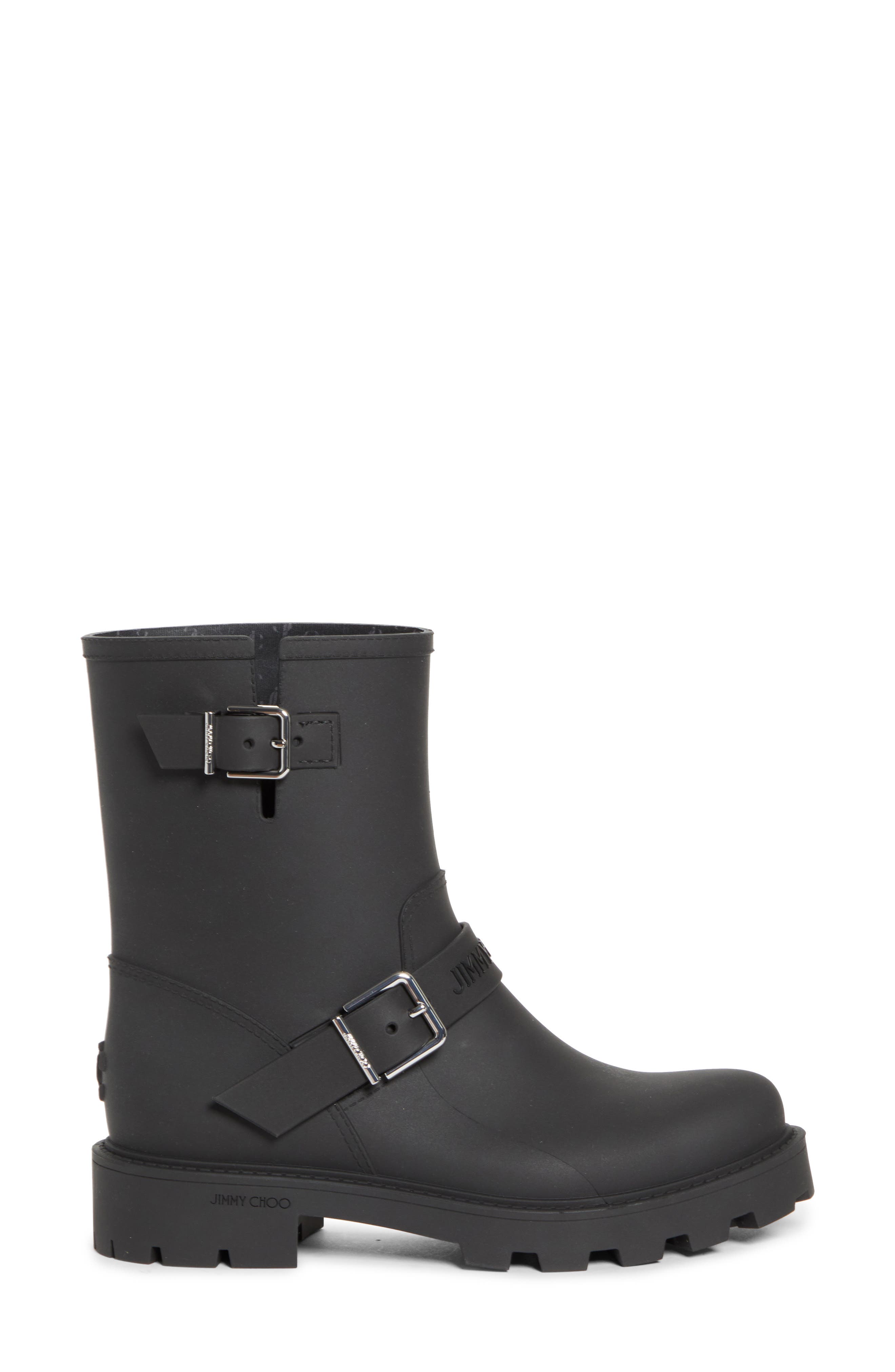 Jimmy Choo Biker Waterproof Rain Boot, Alternate, color, Black
