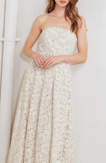 Strapless Belted Cotton Blend Lace Cocktail Dress
