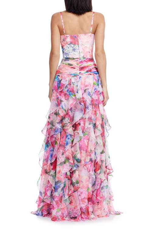 Dress The Population Lux Floral Cascading Ruffle Gown In Multi