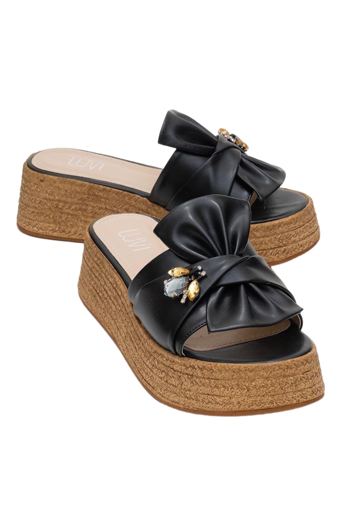 Prologue Shoes Shara Braided Bow & Bee Buckle Platform Sandal, Main, color, Black Faux Leather
