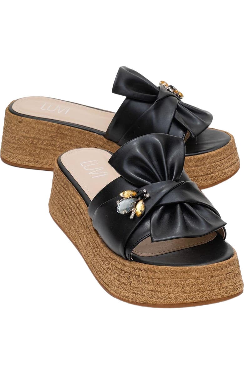 Prologue Shoes Shara Braided Bow & Bee Buckle Platform Sandal, Main, color, Black Faux Leather