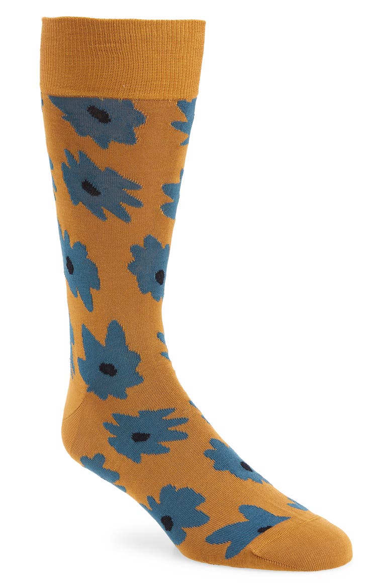 Floral Print Crew Socks, Main, color, TAN
