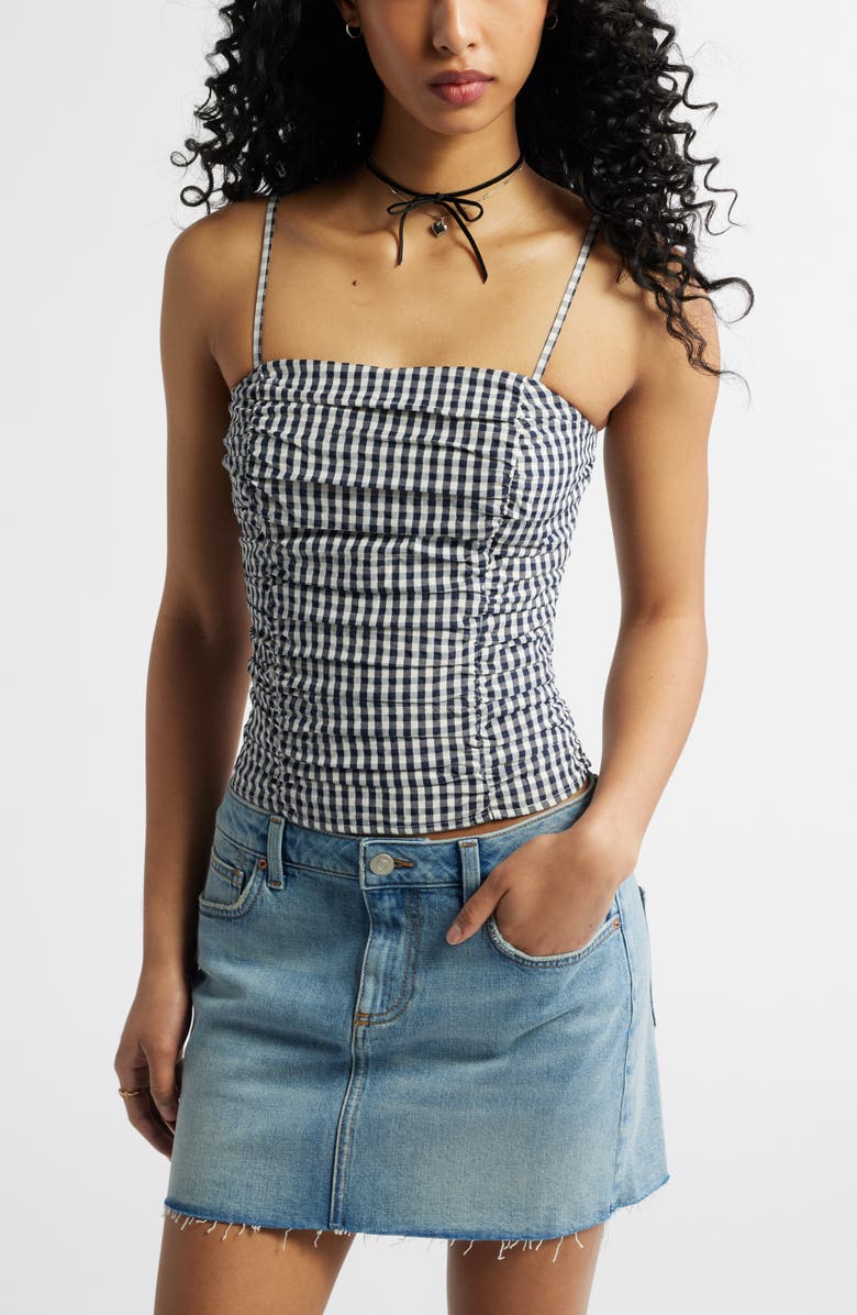 BP. Ruched Gingham Camisole, Main, color, Navy Gingham