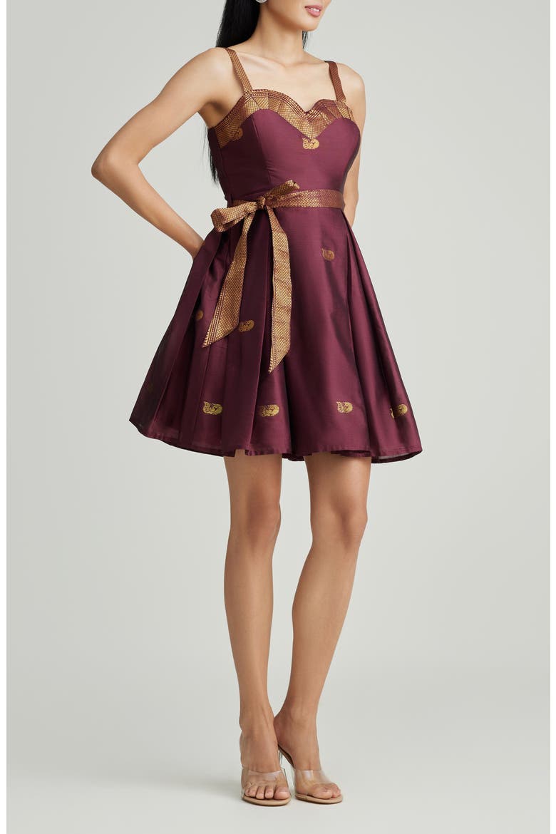 Gianna Fit & Flare Silk Dress, Alternate, color, BROWN