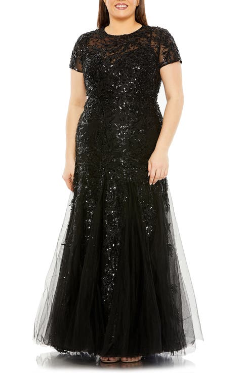 Hand Embellished Mesh Overlay Short Sleeve Applique Gown