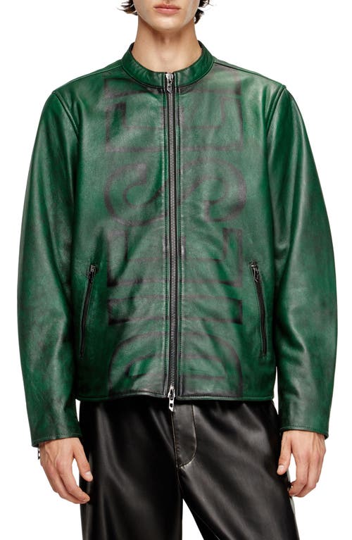 Diesel Treated Leather Biker Jacket With Faded Logo In Green