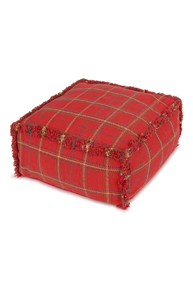 Tartan Fringe Trim Pouf, Main, color, RED