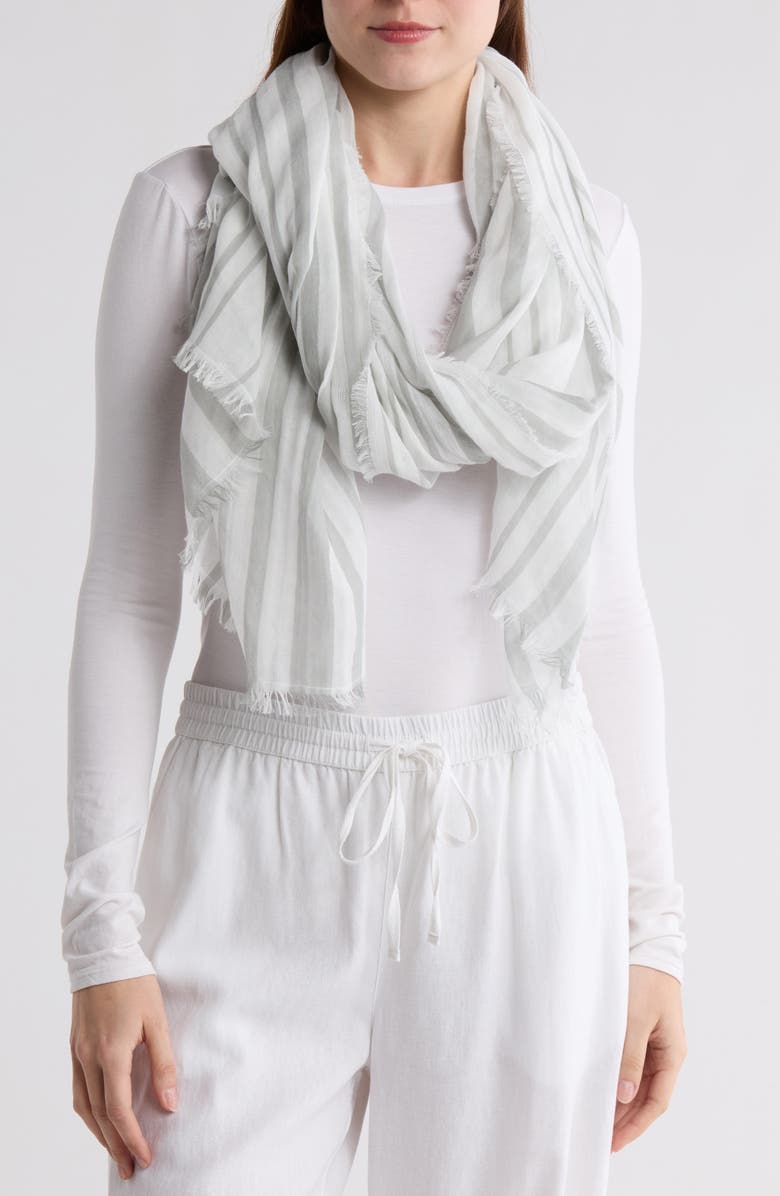 Vince Variegated Stripe Cotton Fringe Scarf, Main, color, Sea Stone Off White