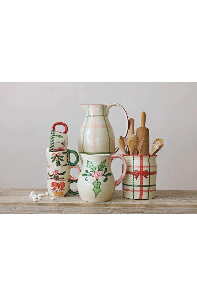 Hand-Painted Stoneware Pitcher with Eclectic Plaid Motif, Main, color, Multicolor