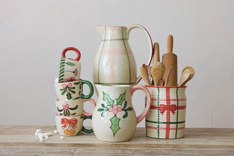 Hand-Painted Stoneware Pitcher with Eclectic Plaid Motif