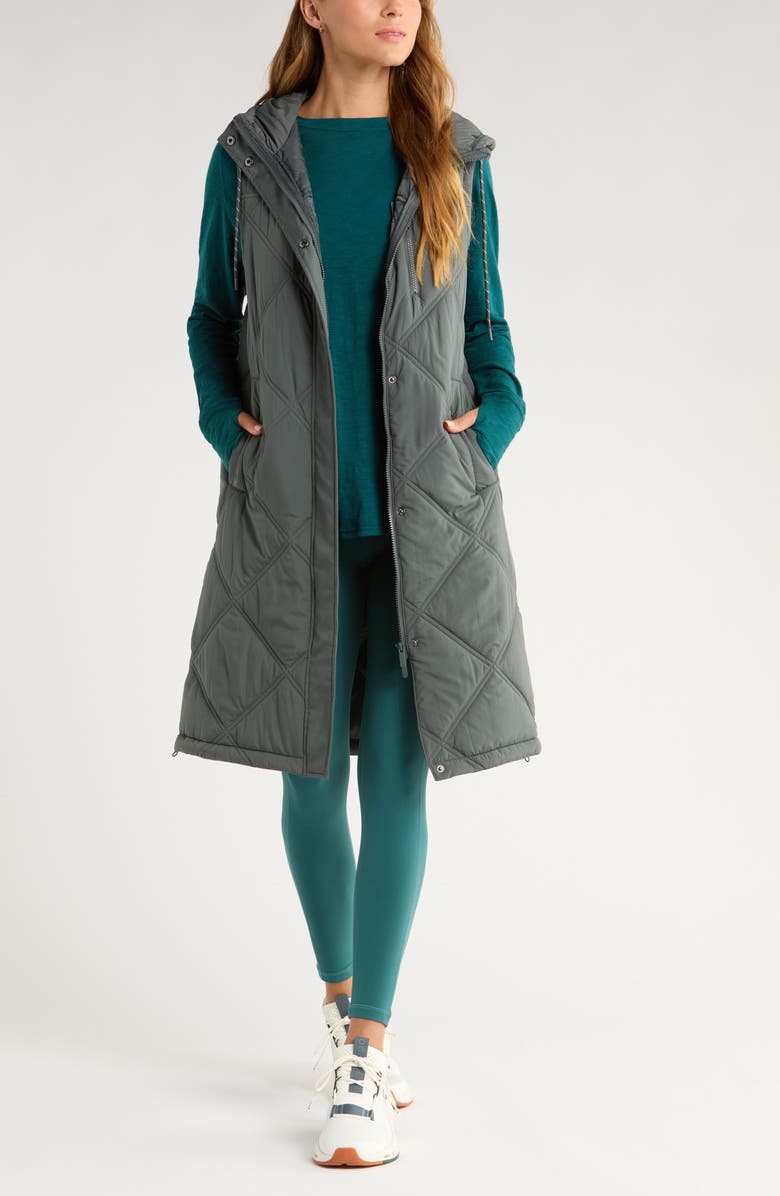 Zella Long Hooded Puffer Vest, Main, color, Green Urban