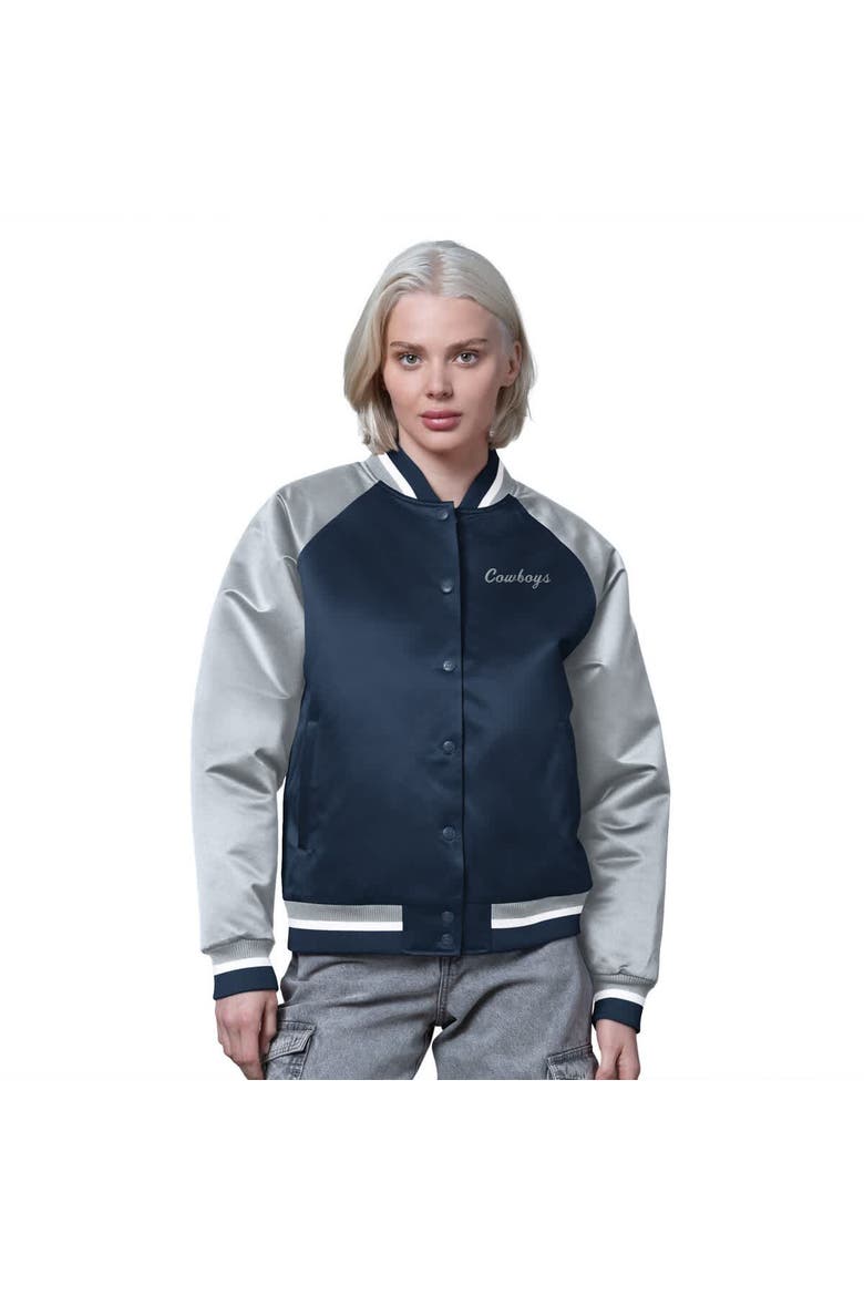 Women's Starter Navy/Silver Dallas Cowboys Satin Full-Snap Vintage Varsity Jacket, Main, color, Navy