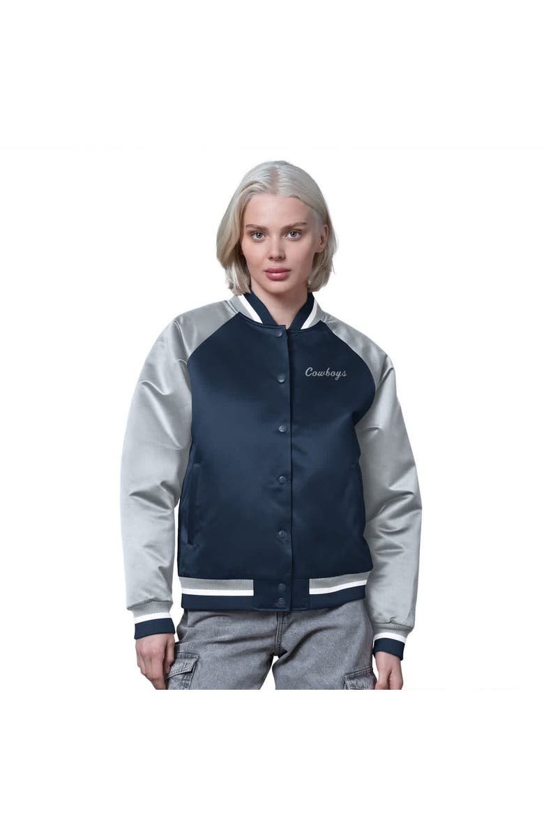 STARTER Women's Starter Navy/Silver Dallas Cowboys Satin Full-Snap Vintage Varsity Jacket, Main, color, Navy
