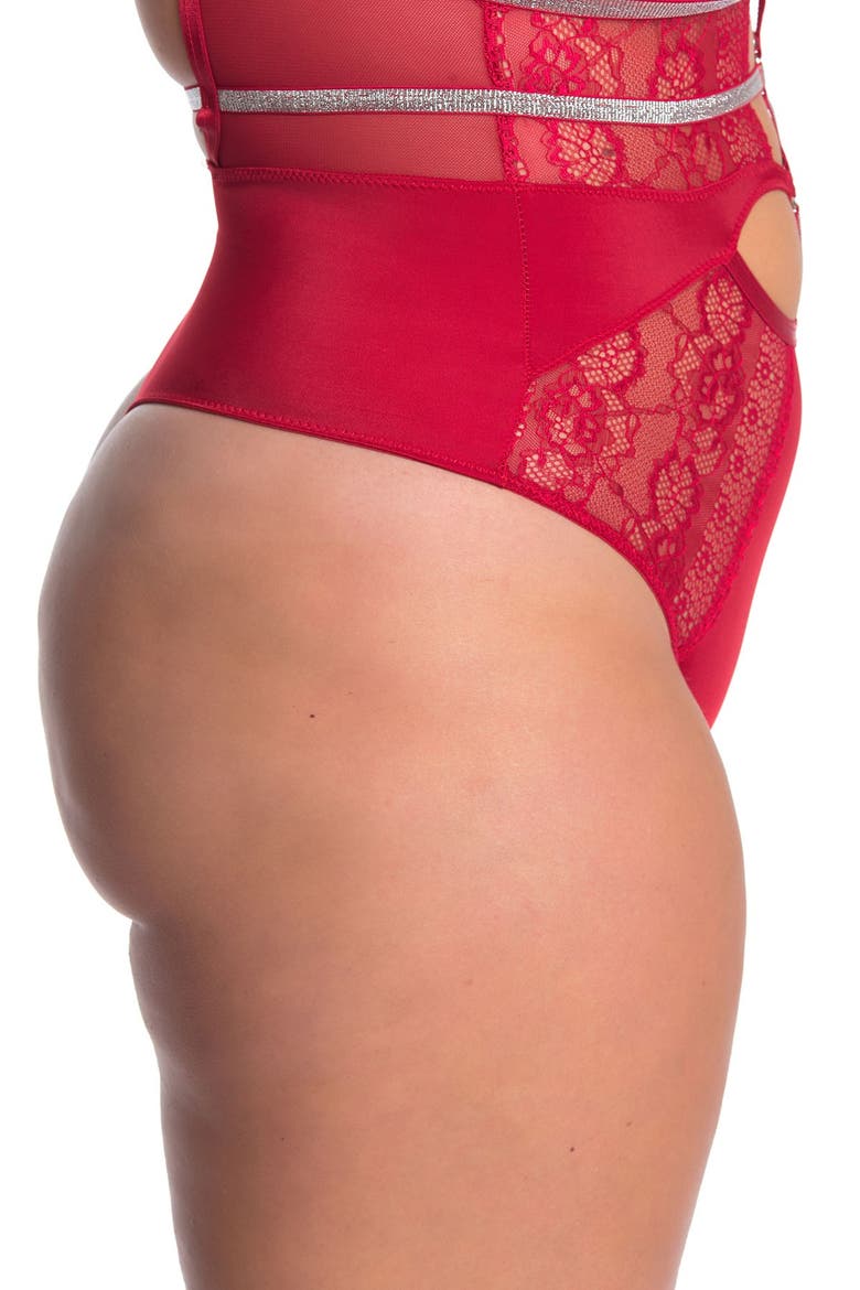 Lace Front Cutout Thong Bodysuit, Alternate, color, TANGO RED