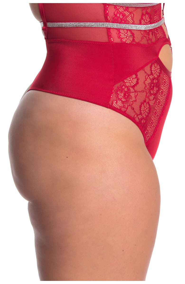 SECRET LACE Lace Front Cutout Thong Bodysuit, Alternate, color, Tango Red