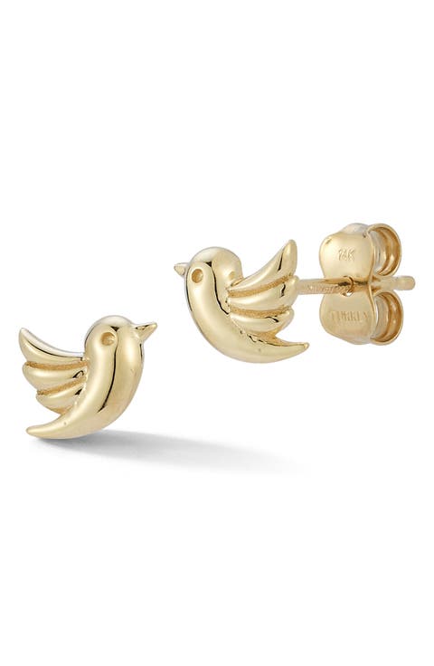 14K Gold Bird Stud Earrings