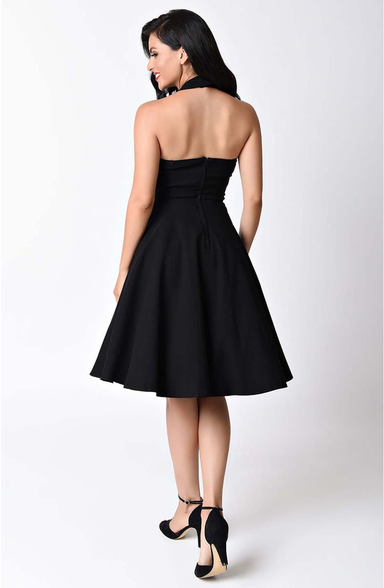 Unique Vintage 1950s Criss Cross Halter Rita Flare Dress, Alternate, color, Black