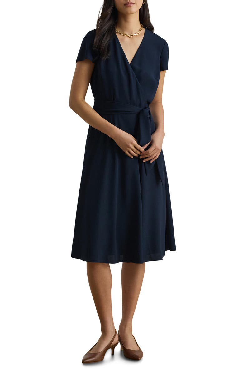 Lauren Ralph Lauren Flutter Sleeve Belted Georgette Dress, Main, color, Lauren Navy Blue