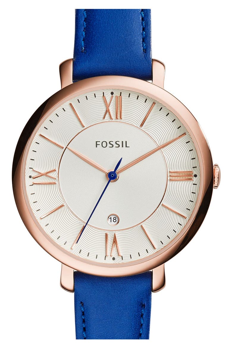 'Jacqueline' Round Leather Strap Watch, 36mm, Main, color, BLUE/ SILVER/ ROSE GOLD