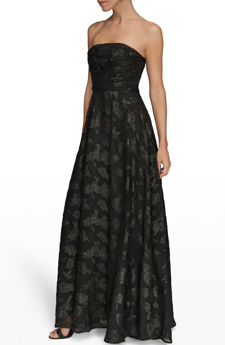 Donna Karan New York Ruched Metallic Strapless Gown, Alternate, color, Black