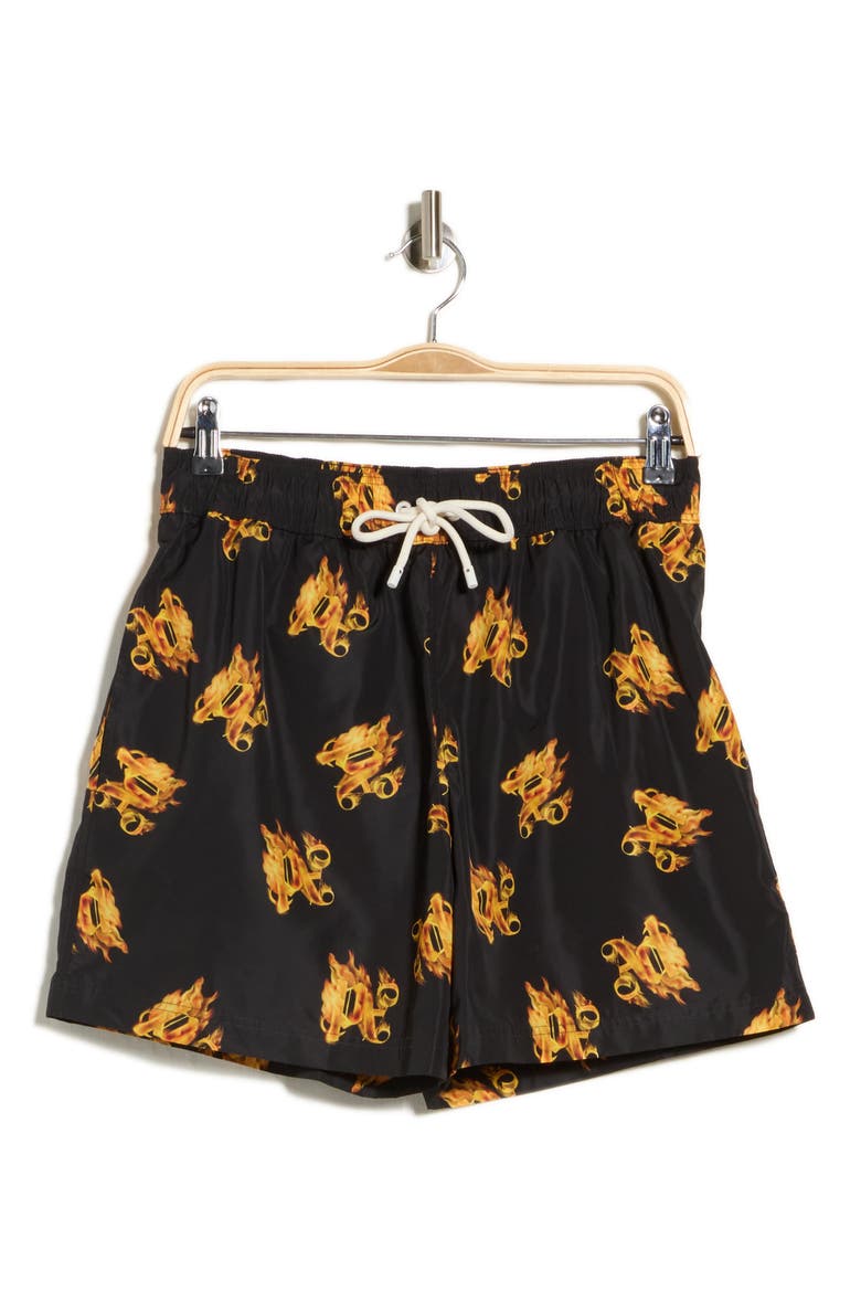 Fire Logo Print Swim Shorts, Main, color, BLACK GOLD