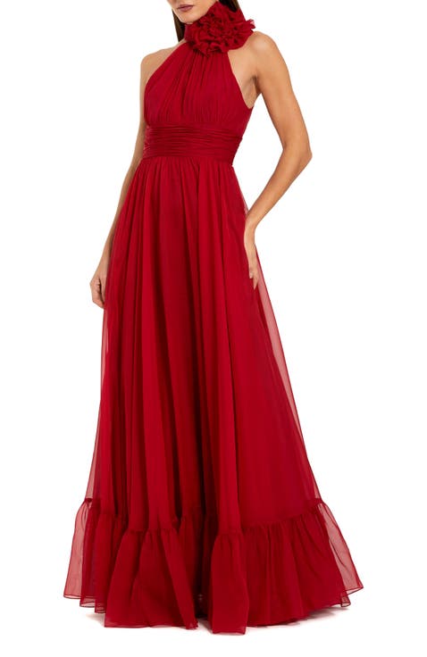 Sleeveless Mock Neck Chiffon Gown With 3D Flower