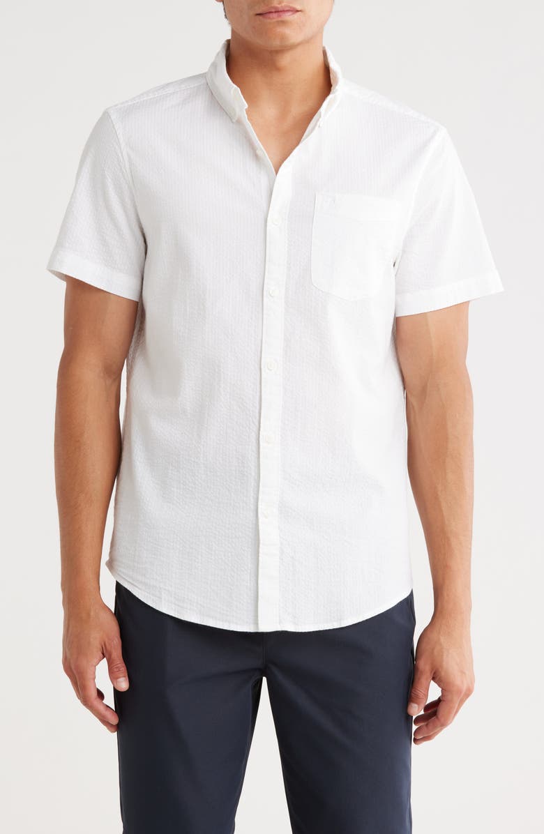Original Penguin Short Sleeve Stretch Seersucker Button-Down Shirt, Main, color, Bright White
