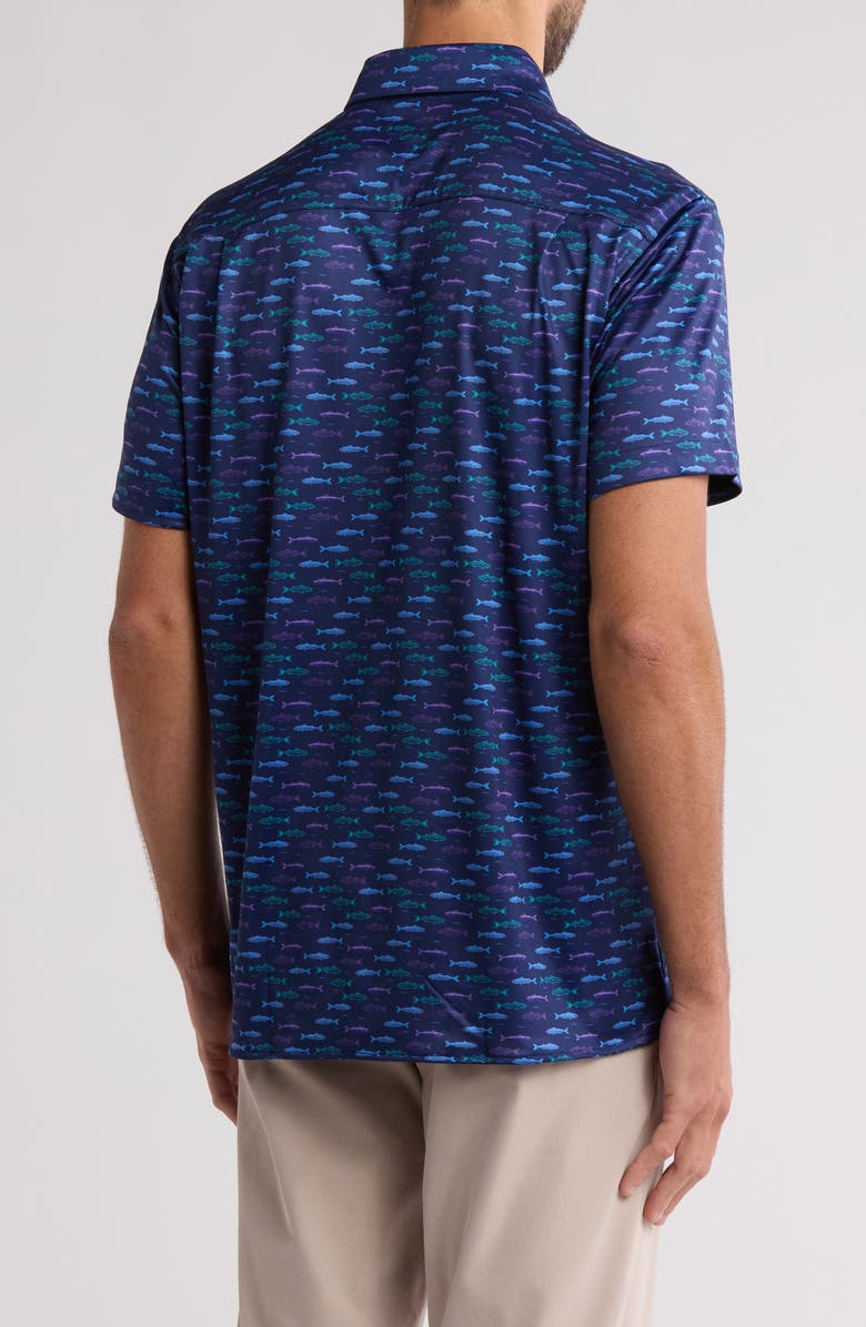 CONSTRUCT Slim Fit Neon Fish 4-Way Stretch Short Sleeve Button-Up Shirt, Alternate, color, Navy