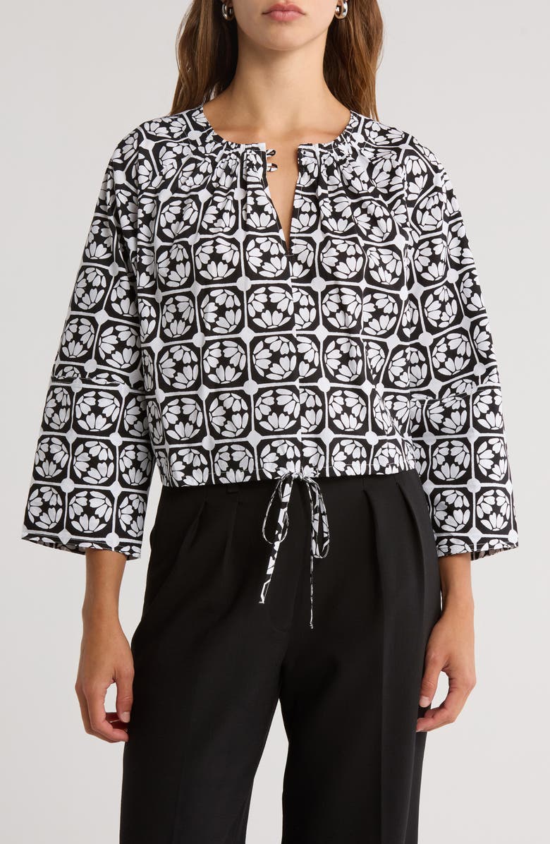 JASON WU Long Sleeve Cotton Poplin Crop Top, Main, color, New White/ Black