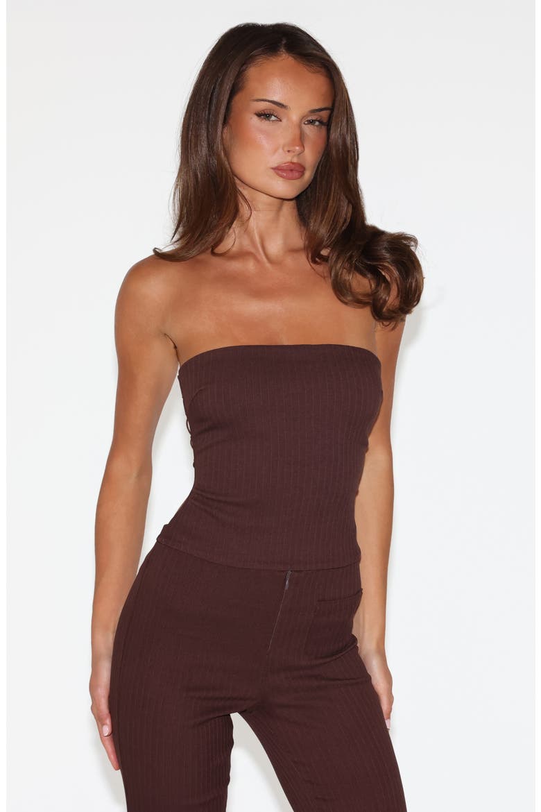 Gwendolyn Pinstripe Lace-Up Strapless Top, Alternate, color, CHOCOLATE