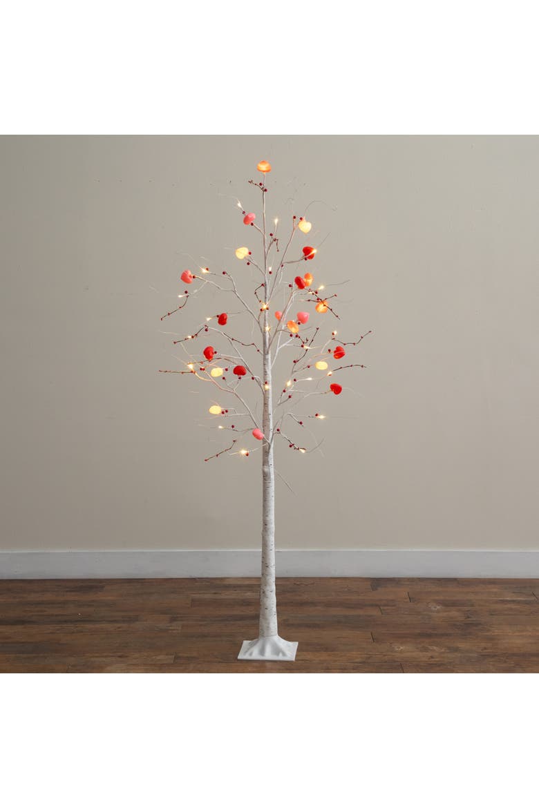 6-ft Pre-Lit Artificial Valentine's Day Twig Tree with 96 Heart Shaped LED Lights and Red Berries, Alternate, color, White