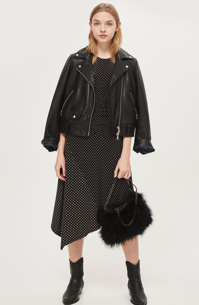 Topshop Polka Dot Asymmetrical Midi Dress, Alternate, color,