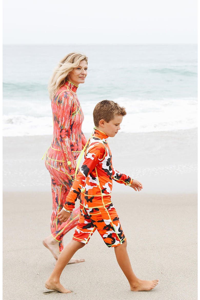 Boys' One-Piece Swimsuit - UPF 50+, Alternate, color, Bright Red Camo