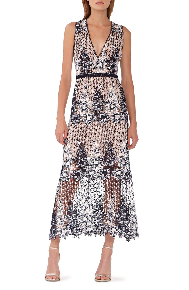 ML Monique Lhuillier Two Tone Lace Tea Length Dress, Main, color, 