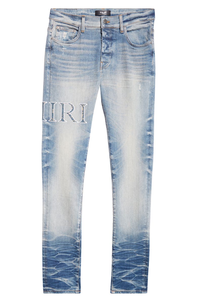 AMIRI Bandana Core Logo Distressed Stretch Denim Jeans, Alternate, color, 