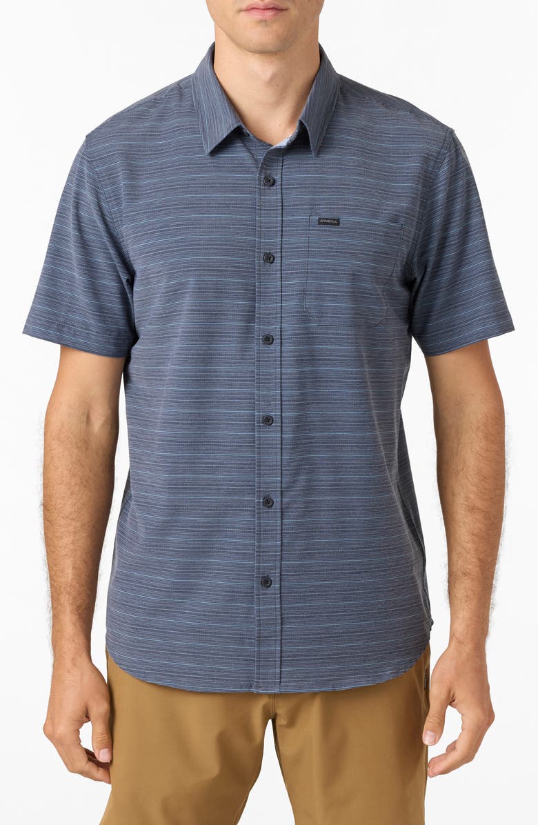 O'Neill TRVLR UPF Traverse Stripe Short Sleeve Performance Button-Up Shirt, Main, color, 