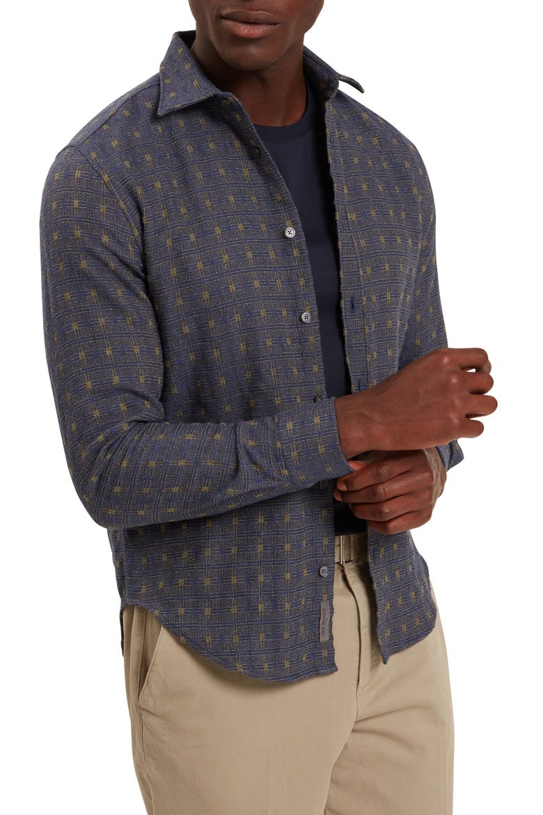 Vyser Geometric Jacquard Cotton Blend Button-Up Shirt, Main, color, TEAL-BLUE