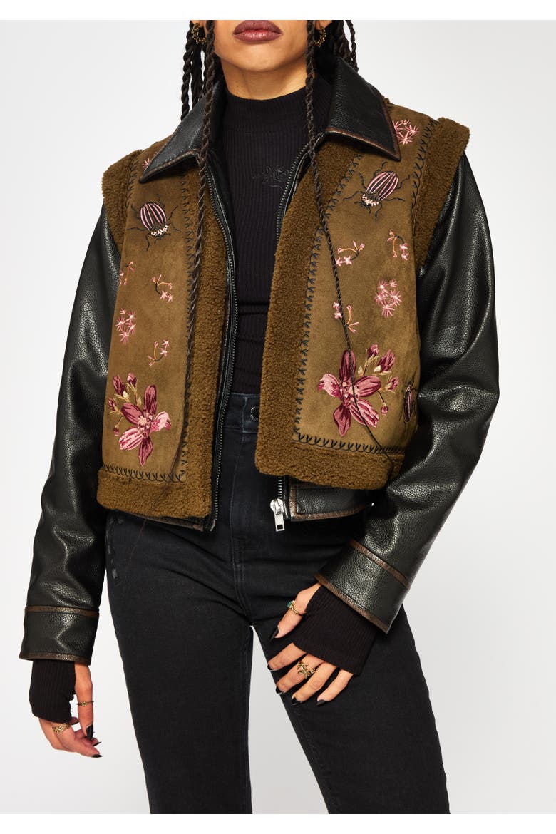 Sylvara Borg Embroidered Bug Gilet, Main, color, Brown