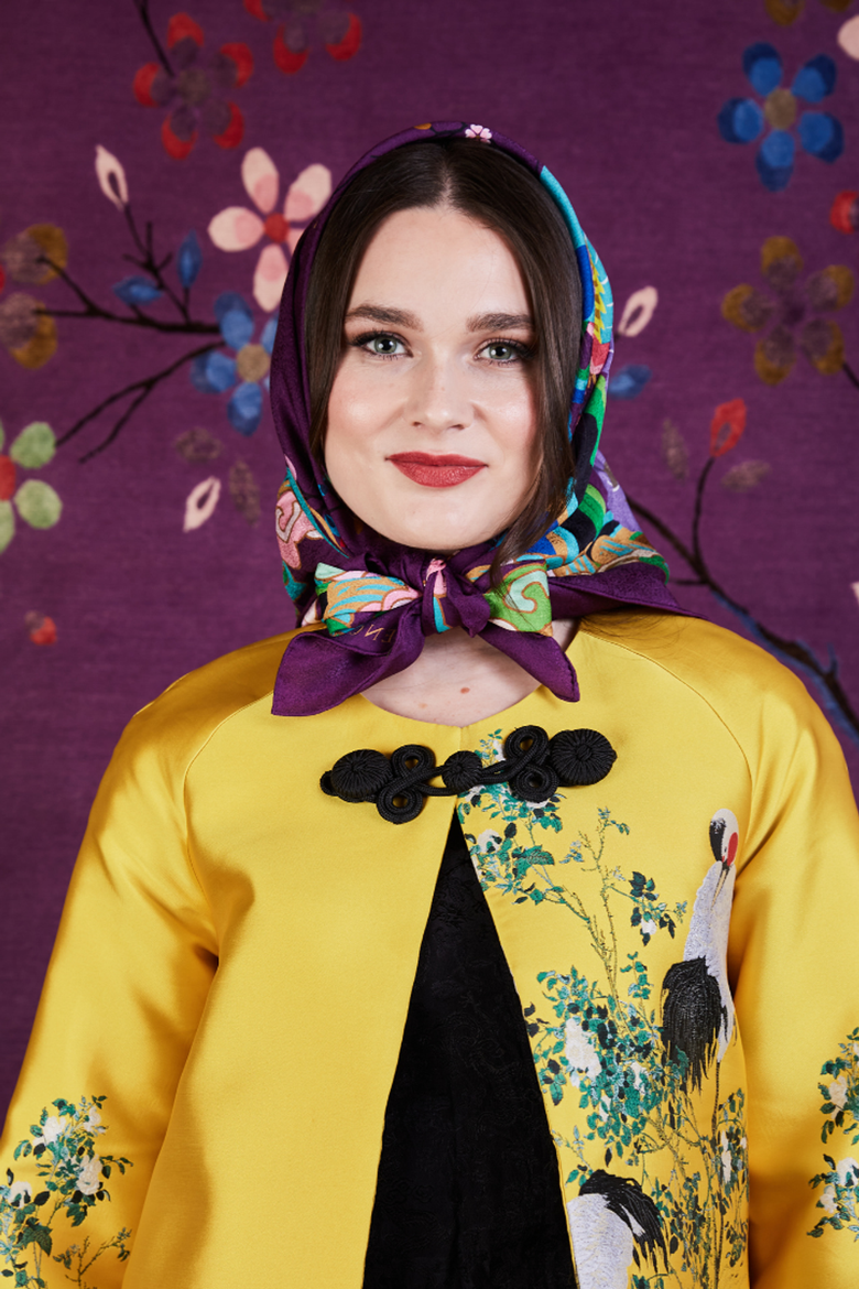 Wendy Morrison X Skylence Kujaku Peacock Silk Scarf, Alternate, color, Purple