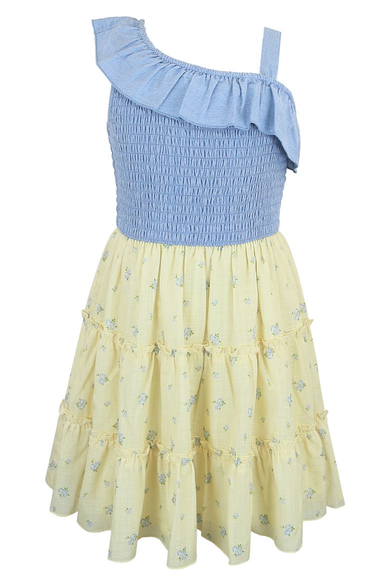 Kids' One Shoulder Smocked Dress, Main, color, DENIM/ YELLOW