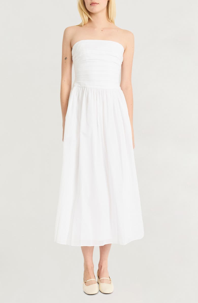 Luxely Pleated Strapless Cotton Midi Dress, Main, color, Cloud Dancer